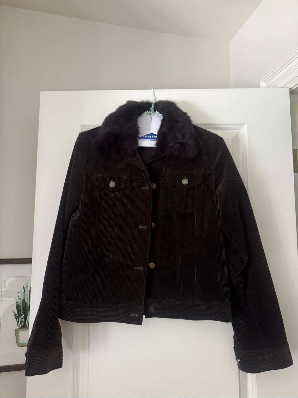 Theory Women's Dark Brown Corduroy Bomber Jacket With Faux Fur Collar